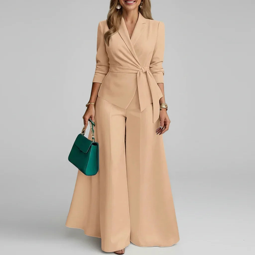 Conjunto Blazer Leve com Cinto e Calça Pantalona Lenogue Bege / p