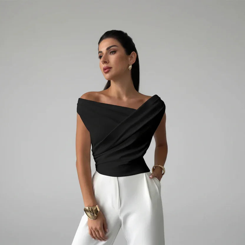 Cropped Assimétrico sem Mangas com Franzido Modelagem Slim Lenogue Preto / p