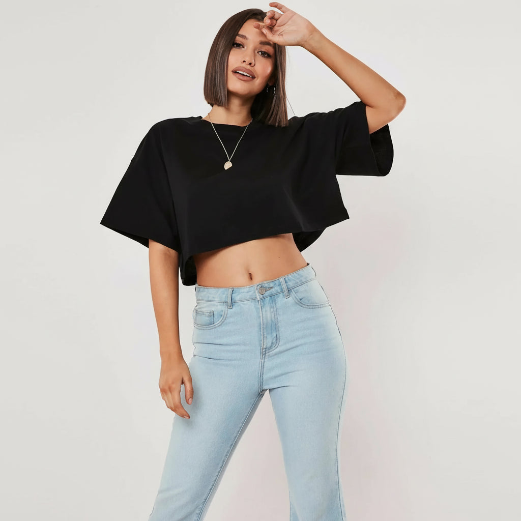 Cropped de Algodão Gola Redonda Manga Morcego Lenogue Preto / p