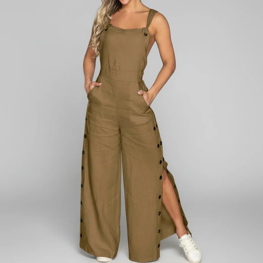 Macacão Jardineira Algodão Linho Alças Ajustáveis Calça Pantalona Lenogue Marrom / p