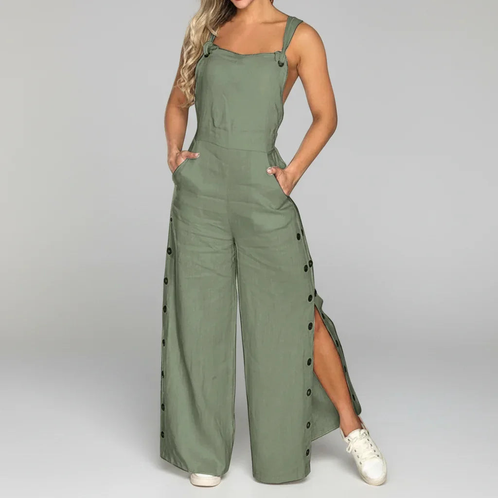 Macacão Jardineira Algodão Linho Alças Ajustáveis Calça Pantalona Lenogue Verde / p