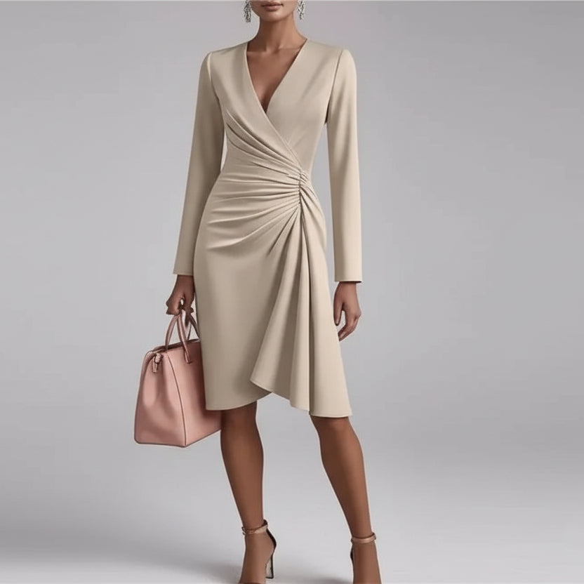 Vestido Curto Tubinho de Malha Plissado para Eventos Lenogue Bege / p